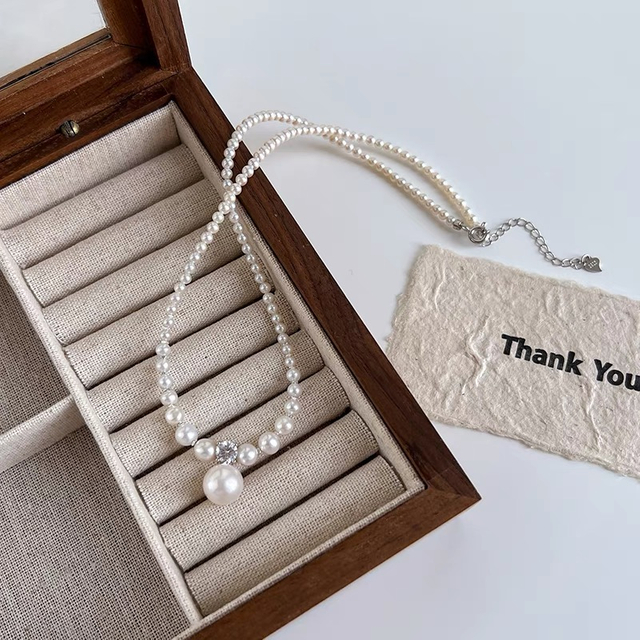 Ariel Size bead gradient pearl necklace necklace, light luxury niche collarbone chain, sweater chain accessories, fine silver necklace 