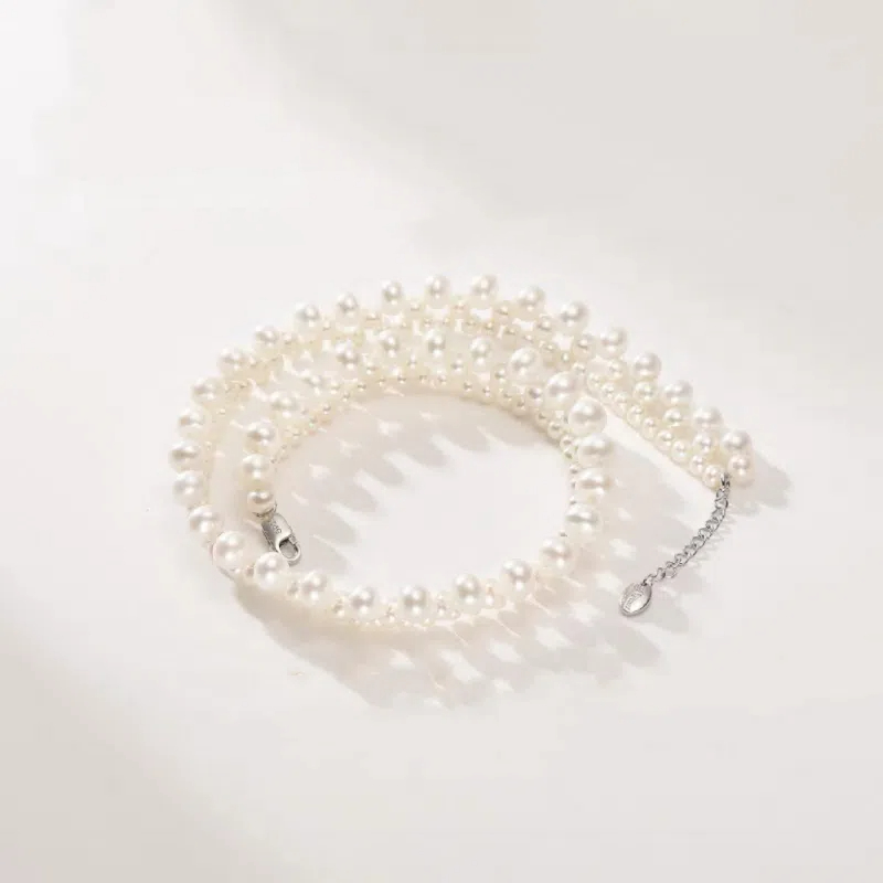 925 Silver 3-7mm White Natural Freshwater Nearly Round Pearl Necklace For Wedding Dress Women