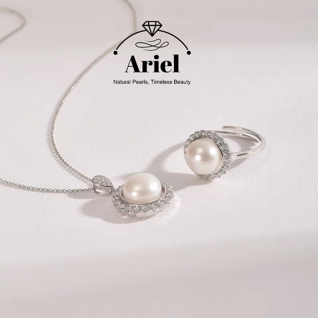 Ariel Far Love Set 925 Silver Freshwater Pearl Pendant Ring Two Piece Set Birthday Gift for Girlfriend