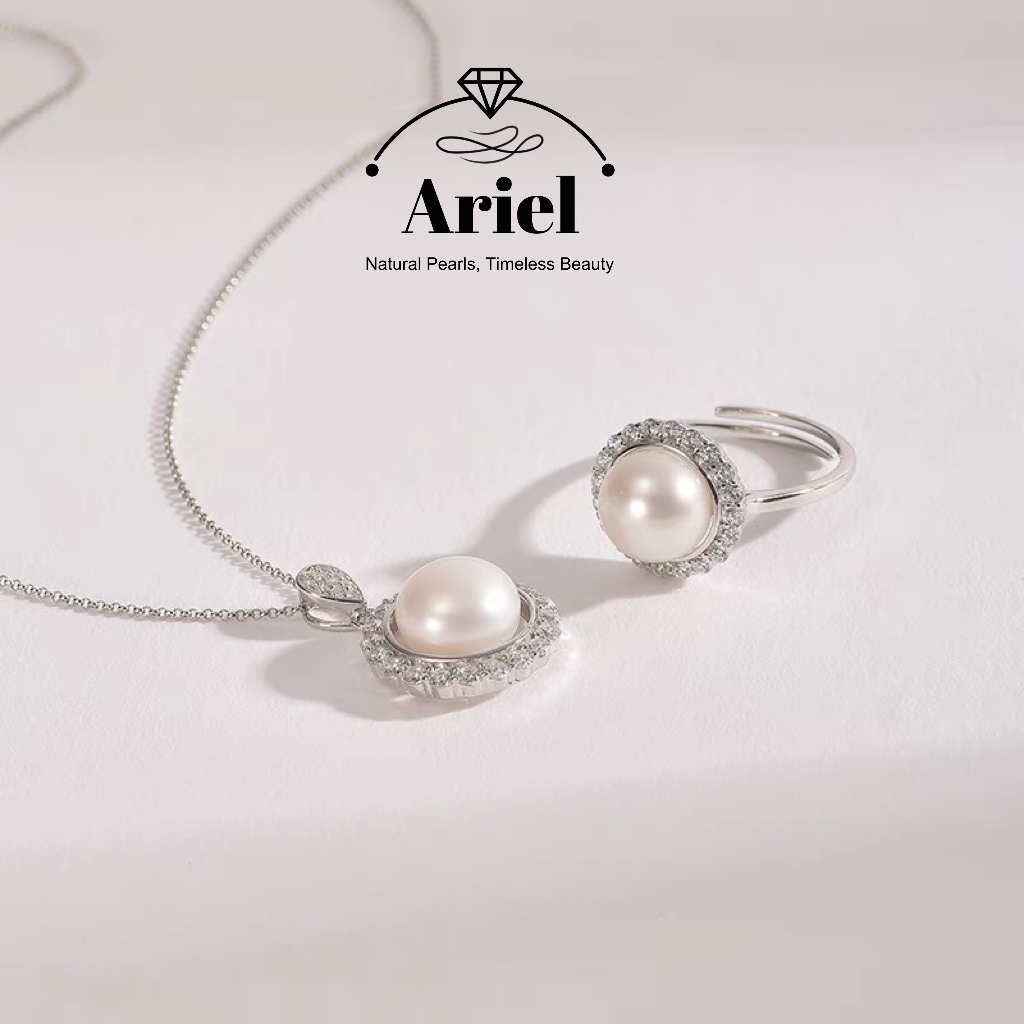 Ariel Far Love Set 925 Silver Freshwater Pearl Pendant Ring Two Piece Set Birthday Gift for Girlfriend