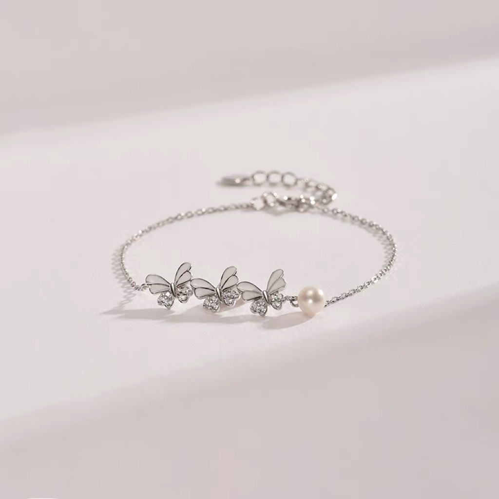 Ariel Pearl shallow butterfly S925 silver freshwater pearl bracelet 5-6mm Mantou shaped white butterfly jewelry D