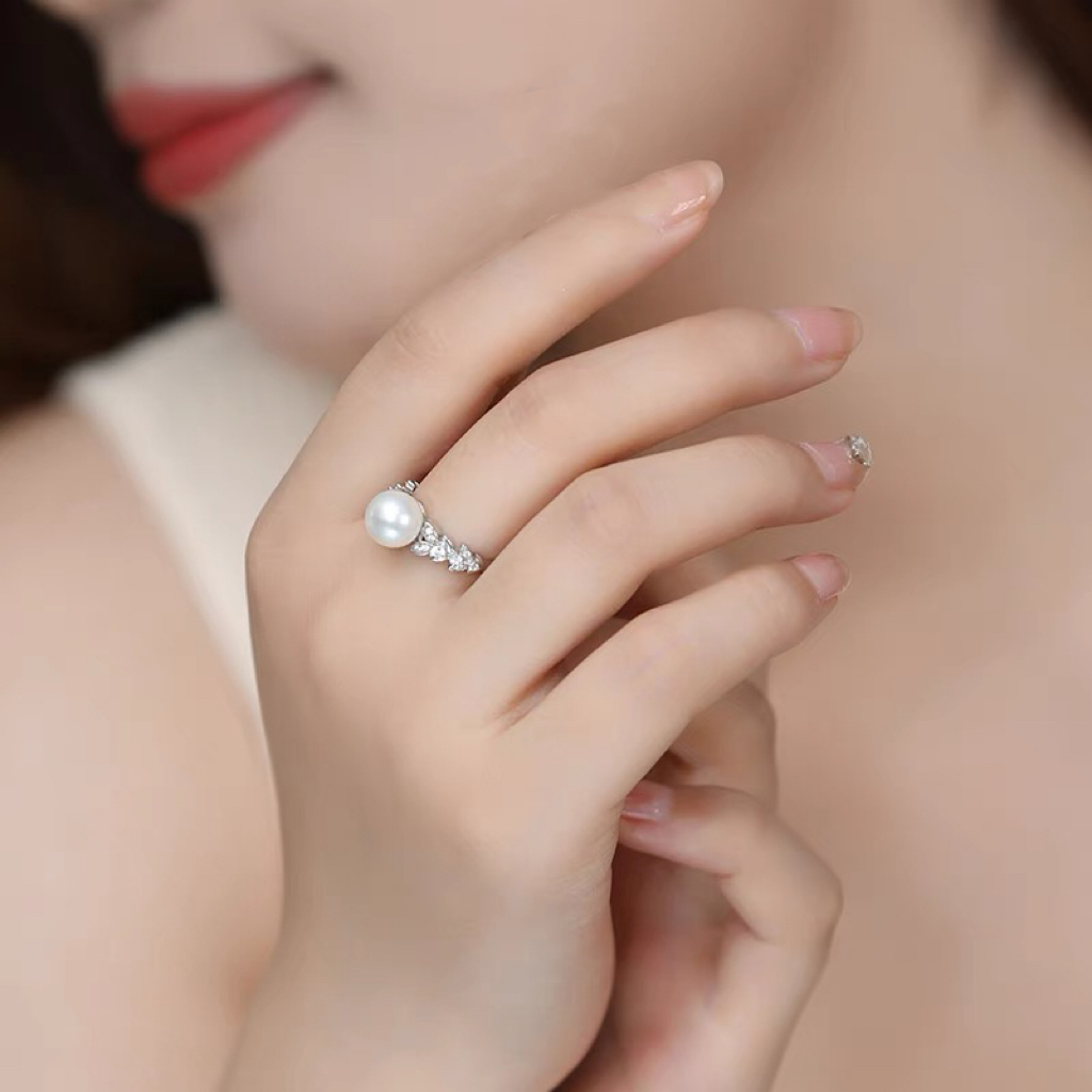 Ariel Flower Stance 8-9mm Round Pearl Seedless Freshwater Pearl Ring S925 Silver Ring Single Pearl Female