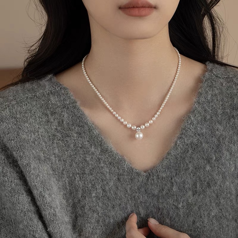 Ariel Size bead gradient pearl necklace necklace, light luxury niche collarbone chain, sweater chain accessories, fine silver necklace 