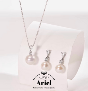 Ariel Freshwater Nucleated Pearl Set 8-10mm Round White Hanging Chain Earrings