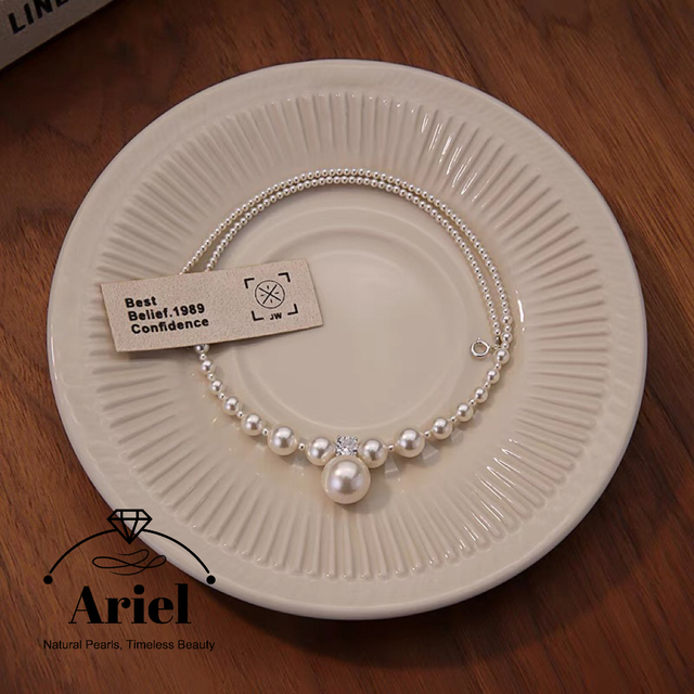 Ariel Size bead gradient pearl necklace necklace, light luxury niche collarbone chain, sweater chain accessories, fine silver necklace 